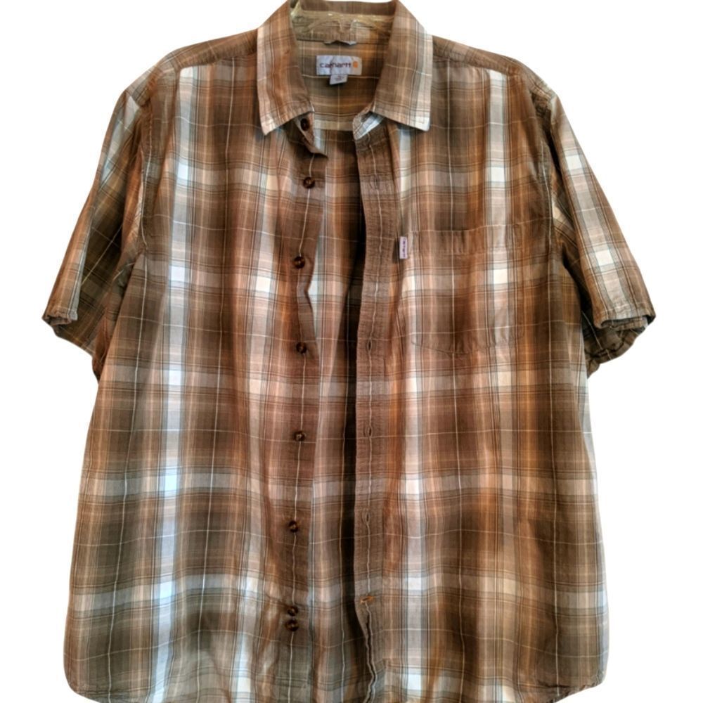 Men's Carhartt Relaxed Fit Button Down Short Sleeve‎ Brown Plaid Shirt Sz. XL